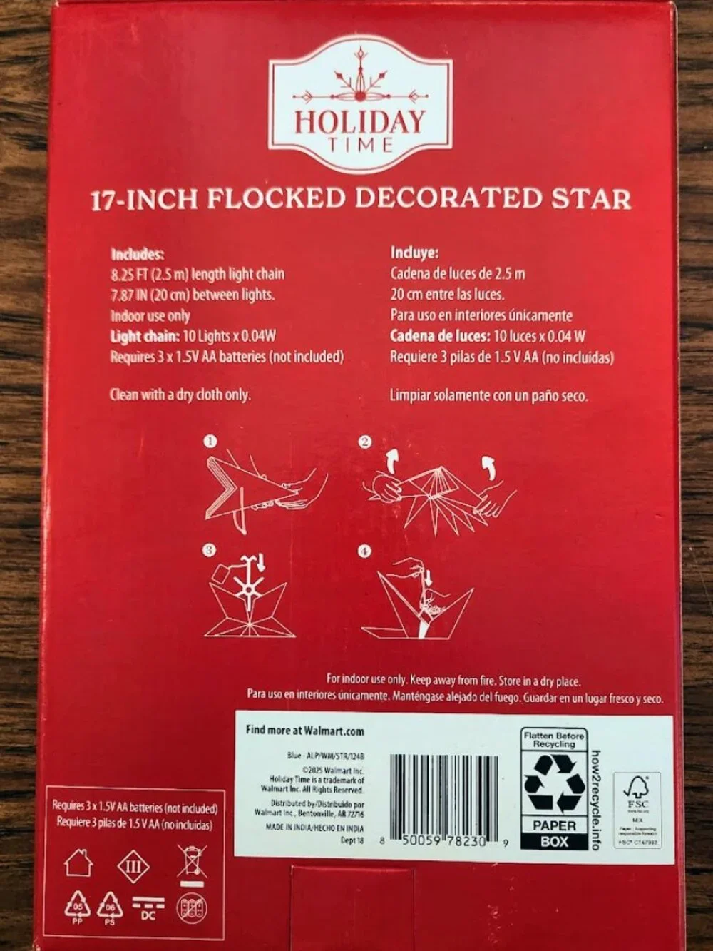 NEW Light Up Battery Operated Flocked Star Christmas Hanging Decoration Decor Ho
